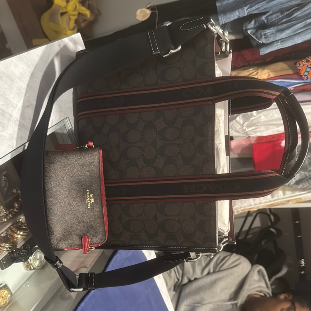 Coach Brown and Black Tote with Red Accents